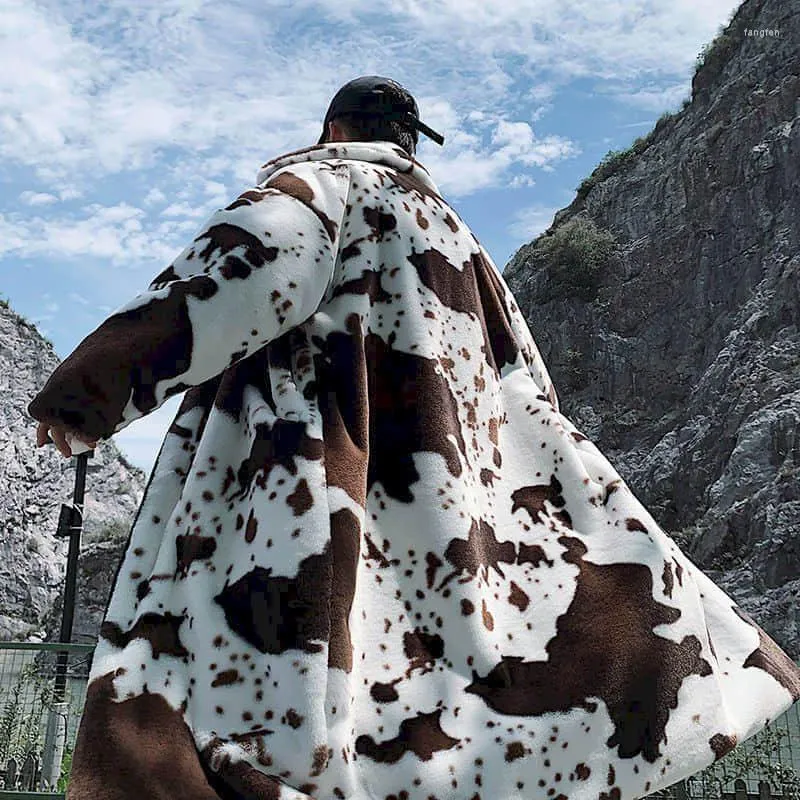 남자 다운 가을 겨울 느슨한 긴 코트 남자 재킷 한국인 스타일 브라운 젖소 패턴 패션