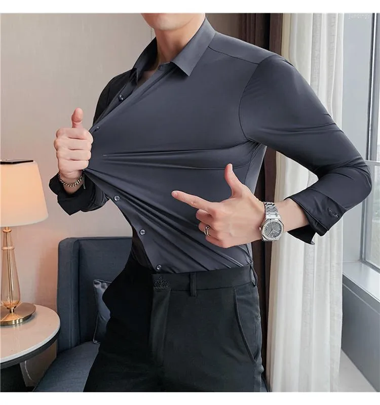 Men's Dress Shirts Large 4XL-M Men's Shirt High Elastic Seamless Quality Slim Long Sleeve Luxury Banquet Social Formal For Men