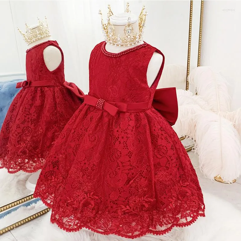 Girl Dresses 0-4 Year Old Summer Red Sleeveless Baby Blue Lace Bow Vestido Party 1 2 3 4 Years Toddler Clothes OGF224460