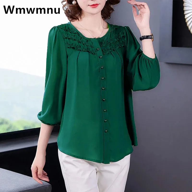 Blusas de mujer Camisas de gran tamaño 6xl Blusa verde de gasa con cuello redondo Blusas sueltas de manga de nueve cuartos Camisas sólidas Camisas de verano y primavera para 110 kg 230223