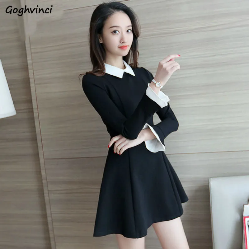 Casual Dresses Long Sleeve Dres Notched Patchwork Pleated Mini Loose Office Ladies Elegant Womens Trendy Slim Vestidoes 230223