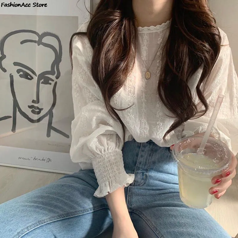 Women's Blouses Shirts Embroidery Lace Shirt Plus Size Spring Long Sleeve Linen Cotton Girls Blouse Femme Casual White Tops 230223