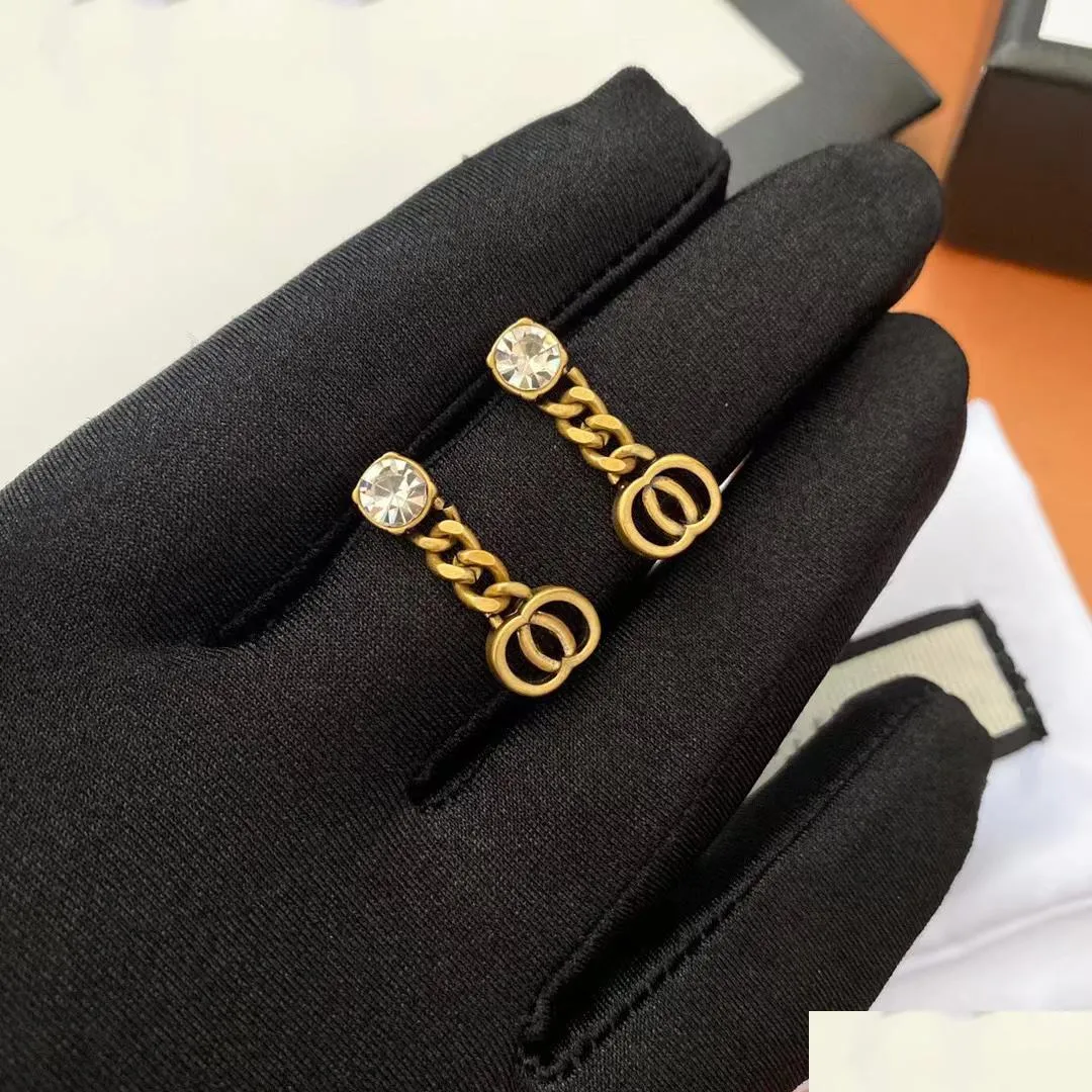 Stud 2022 Latest Women 18K Gold Plated Luxury Esigners Letters Geometric Famous Ladies Round Crystal Rhinestone Earring Part Dh4Vu