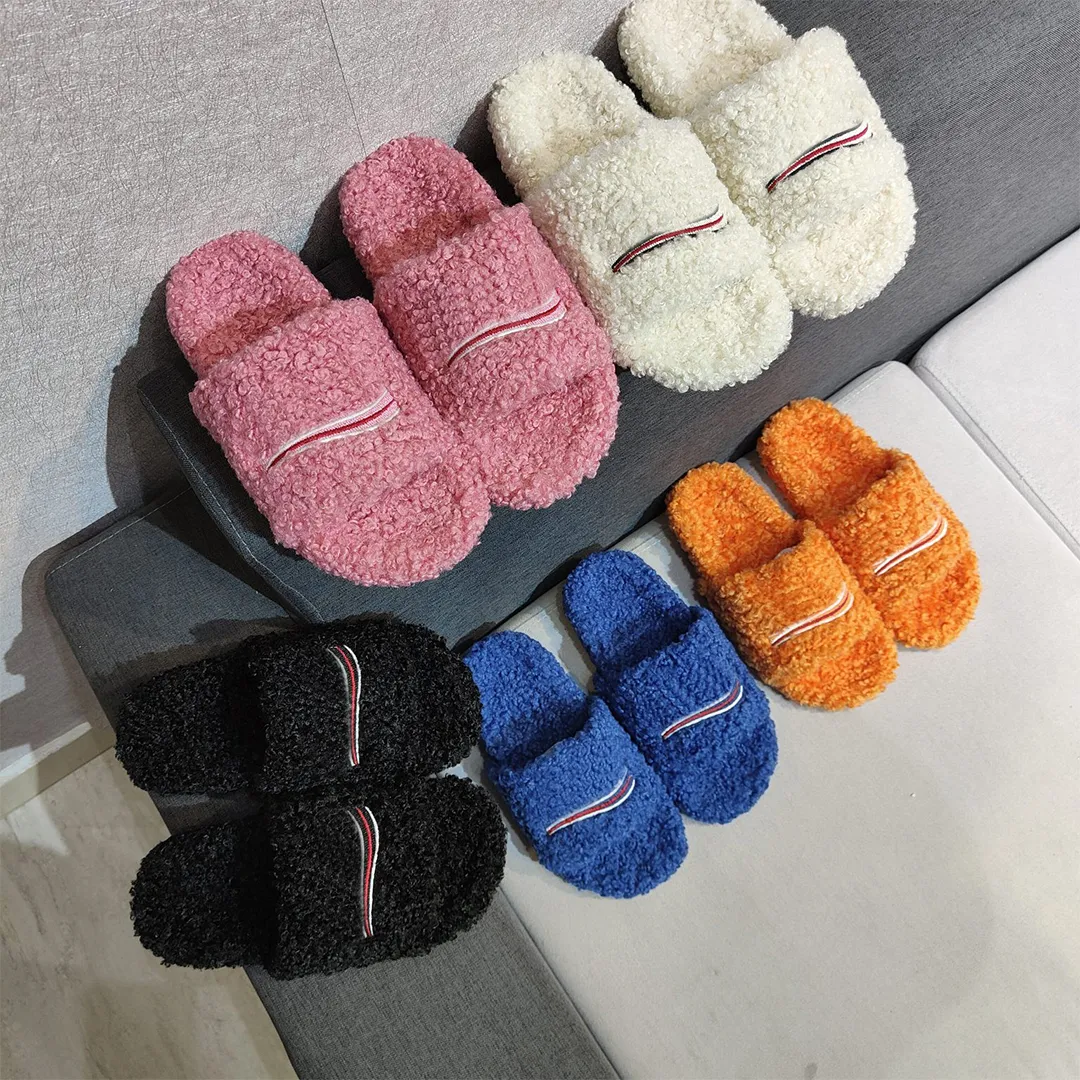 Slide Paris Sandals Women Warm Furry Slippers Black Logo