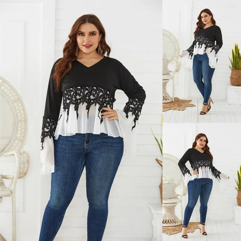 Camisas femininas Plus Size Size Apliques Camadas Crochet Mulheres 2023 FASHIONS FASHIONS V Mangas longas de decote Ladies Tops Blusas Roupas