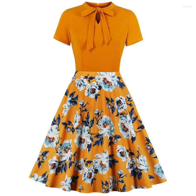 Vestidos informales para mujeres Rata Vintage Vestido Vintage 50S 60s Bowknot Floral Print Swing PiP Up Fiesta de verano Túnica elegante Vestidos