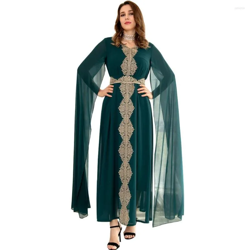 Abbigliamento etnico Mantello alla moda Abito musulmano Donna Applique in pizzo Chiffon Manica a pipistrello arabo Medio Oriente Dubai Abaya Ramadan Robe Femme