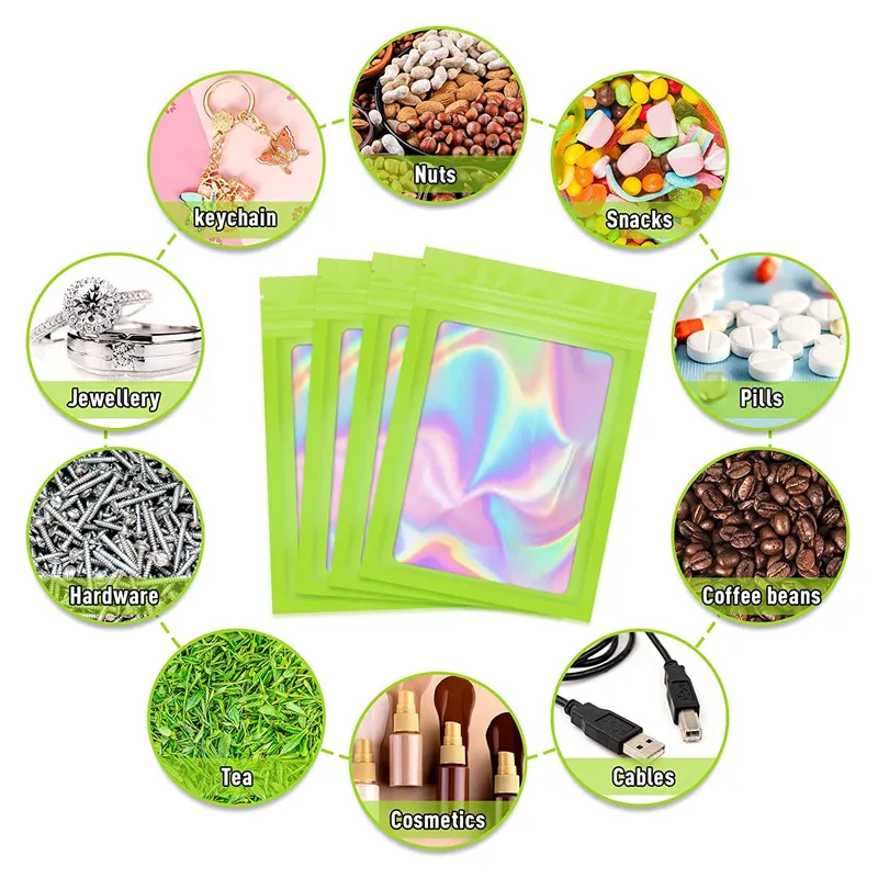 Smell Proof Bags Resealable Bags for Food Storage Holographic Bag with Clear Window Foil Pouch Packaging Bag LX5451