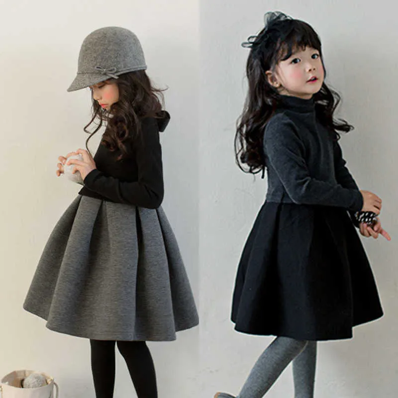 Girl's jurken Nieuwe meisjes Winter Hoge nek Jurk Kleine elegante tiener kinderen kinderen kinderen lange mouw herfst winter geplooide prinses jurk kleding z0223