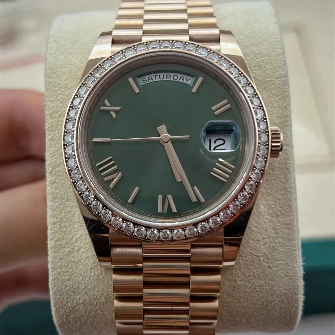 Relógio masculino Cal.2823 40MM alça ajustável à prova d'água 50M M228345 ouro rosa diamante verde mostrador mecânico automático designer cinto de presente caixa original