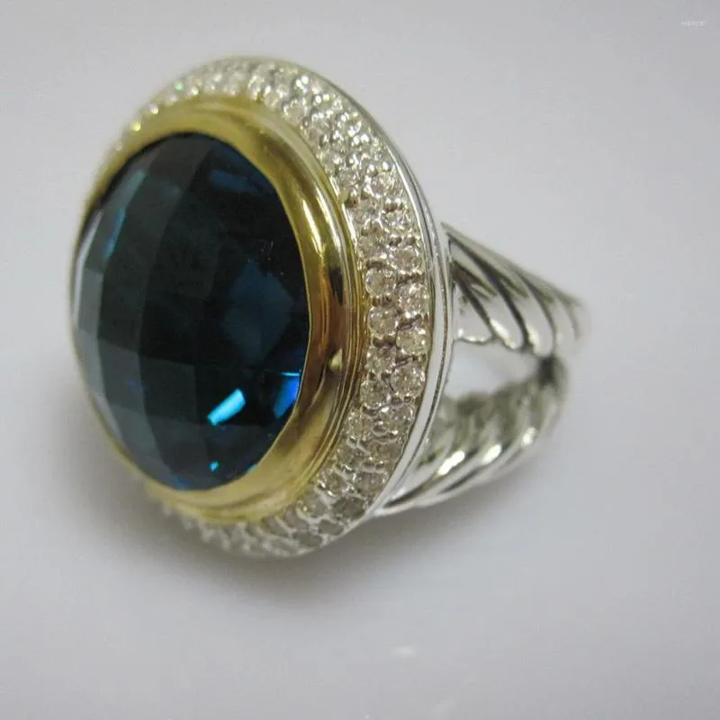 Klaster Pierścienie Solidne srebrne biżuteria 18 mm Blue Topaz Cerise Ring Marka 925 Kobiet Prezenty Bożego Narodzenia