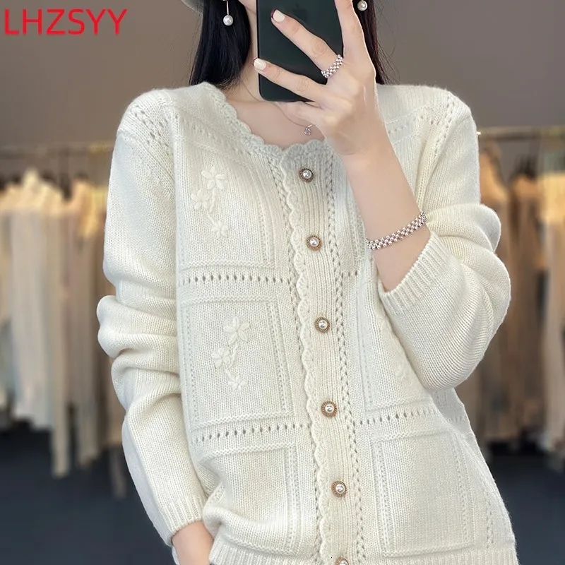 Womens Knits Tees LHZSYY 100% Cashmere Cardigan ONeck Jacquard Knit Coat Spring Sweaters Highend Lady Jacket Loose Hollow Tops 230223
