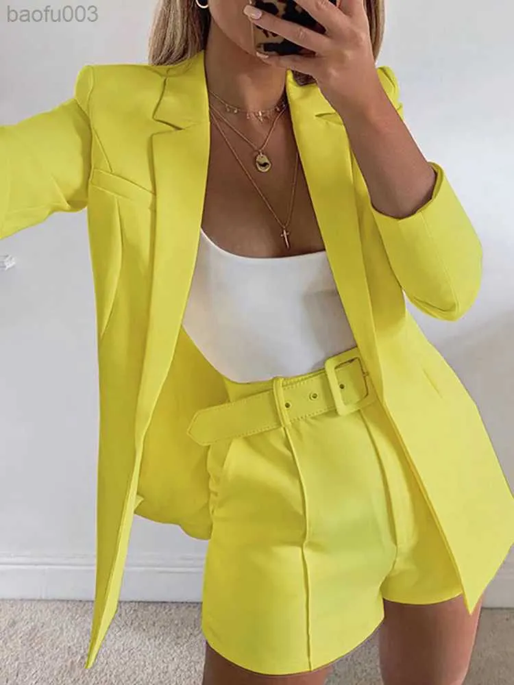 Two Piece Dress Fitshinling Women Blazer Suit With Waist Belt Fashion New In Slim Casual Blazers Sets Female Clothing Solid Outfits 2023 Sale W0223