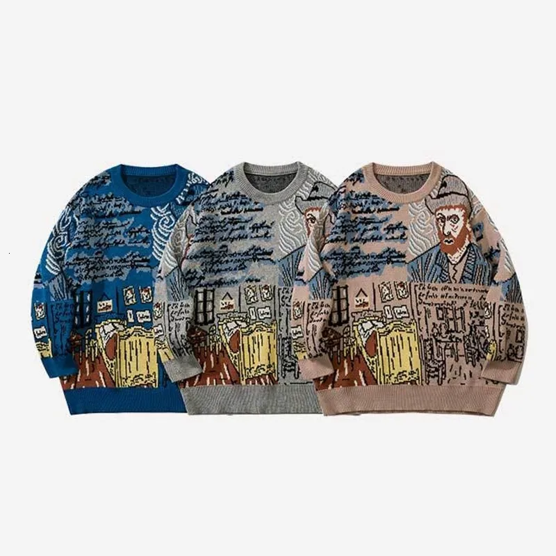 ヴァンゴッホグラフィティプリントセーター：メンズグラフィックニット