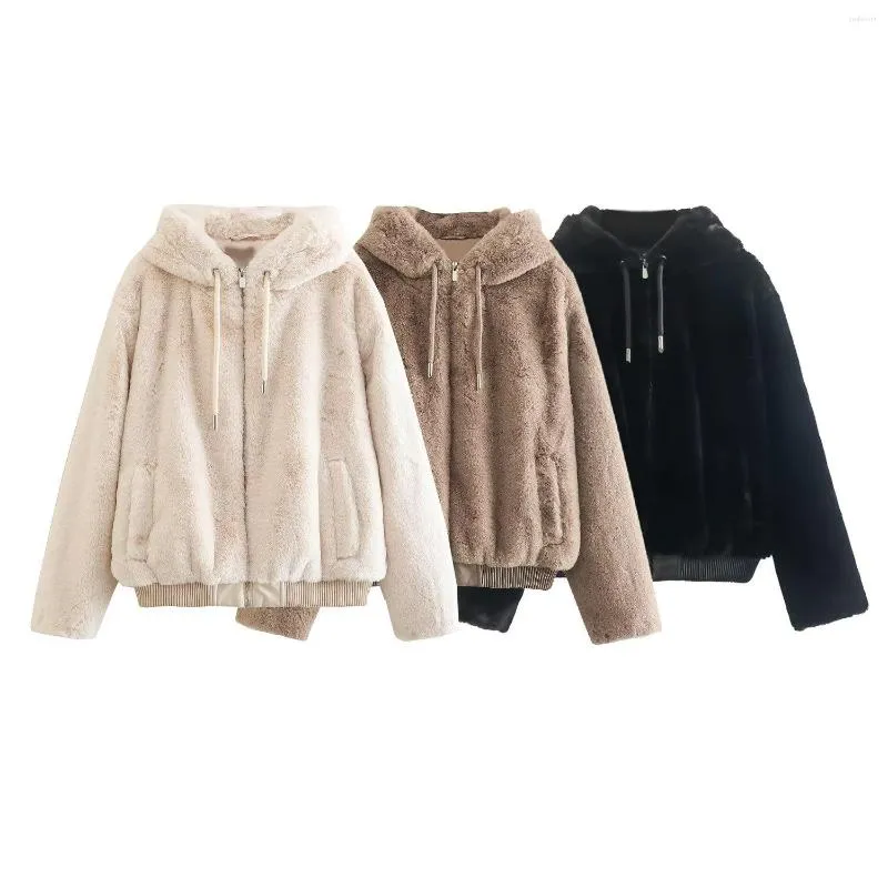 Women's Fur Women 2023 Fashion Artificial Hooded Jacket Coat Vintage Long Sleeve Zipper Female Outerwear Chic Overshirt