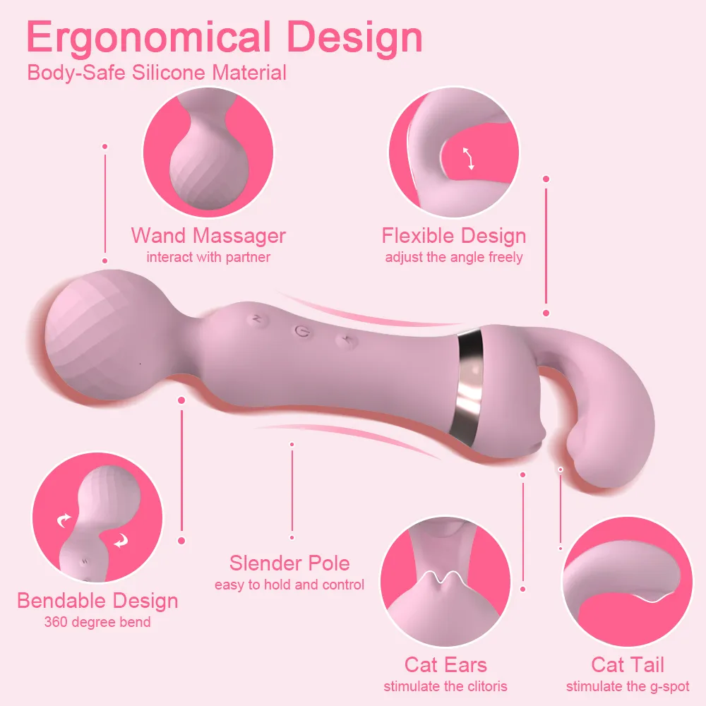 Vibrators Powerful 2 in 1 AV Vibrator Female Magic Wand Clitoris Stimulator USB Recharge 20 Modes G Spot Massa_voghion.com