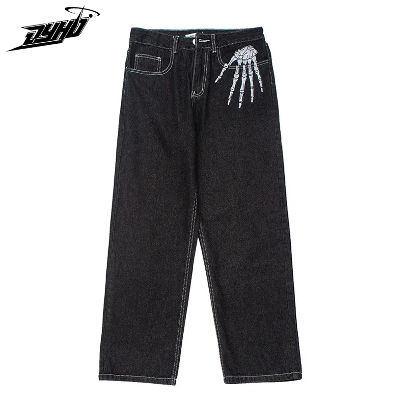 Jeans pour hommes Punk Bone Print Straight Loose Jeans Mens Retro High Street Oversized Casual Denim Pantalon Harajuku Washed Jean Pants Unisex 230222