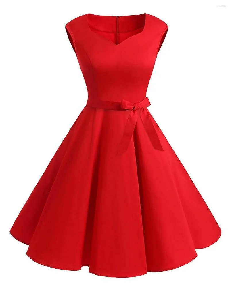 Casual Kleider Plus Größe 5XL Frauen Vintage Kleid Ärmelloses V-ausschnitt Ausgestelltes Pin Up Elegante Solide Rot Hohe Taille A-linie party