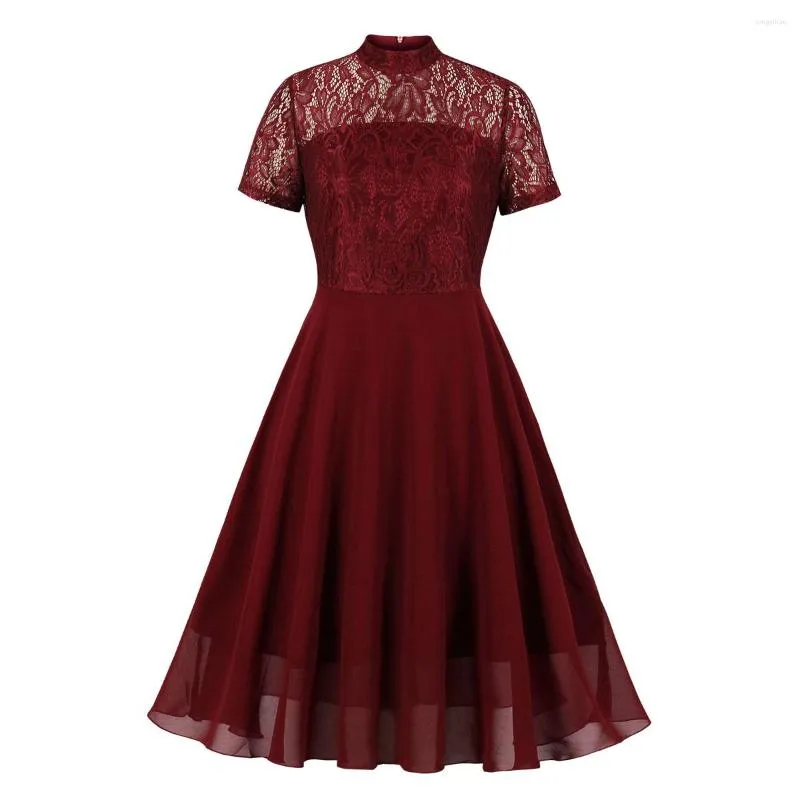 Casual Dresses Elegant Vintage Dress Women Formal Lace Swing Summer Party Short Sleeve O Neck Overlay Fashion Female Robes