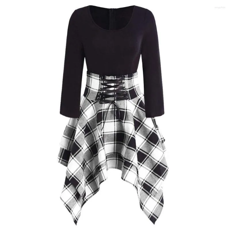 Sıradan elbiseler Dantel Yukarı Tartan Asimetrik Elbise Uzun Kollu O-boyun kontrol Ekose Kadınlar Vintage 60s Rockabilly Party Vestidos 2023