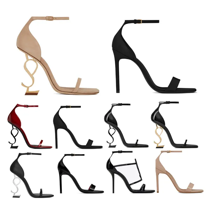 Üst opyum yüksek topuklu tasarımcı kadın sandaletler açık ayak parmağı stiletto topuk klasik metal harfler sandal moda stilist ayakkabı kutu tozu çantası boyutu 35-40