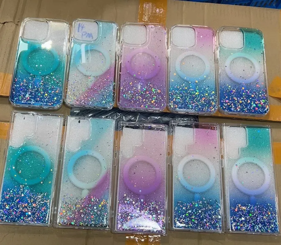 Capas magnéticas de carregamento sem fio para iPhone 15 14 Plus 13 Pro Max 12 Moda Hard Arcylic TPU Dropping Glue Bling Confetti Lantejoulas Gradiente Capa Magnética à Prova de Choque