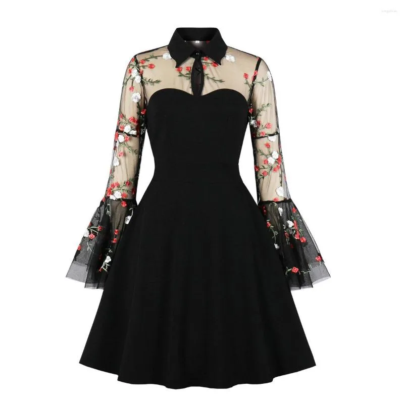 Casual Dresses Floral Embroidered Mesh Elegant Women Party Dress 50s 60s Retro Vinatage Black Gothic Streetwear A Line Swing Rockabilly