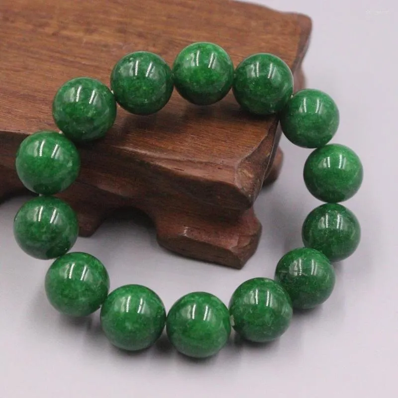 Strand Grade-A Jadeite Armband Bredd 14 mm Grön rundpärlor Diameter 55-58mm