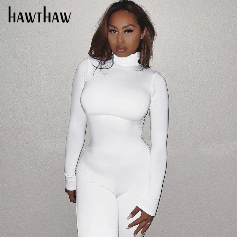 Kvinnors jumpsuits Rompers Hawthaw Women Autumn Winter Long Sleeve Bodycon Soild Color Turtleneck Jumpsuit Romper PlaySuit Famale Clothing Streetwear 230223