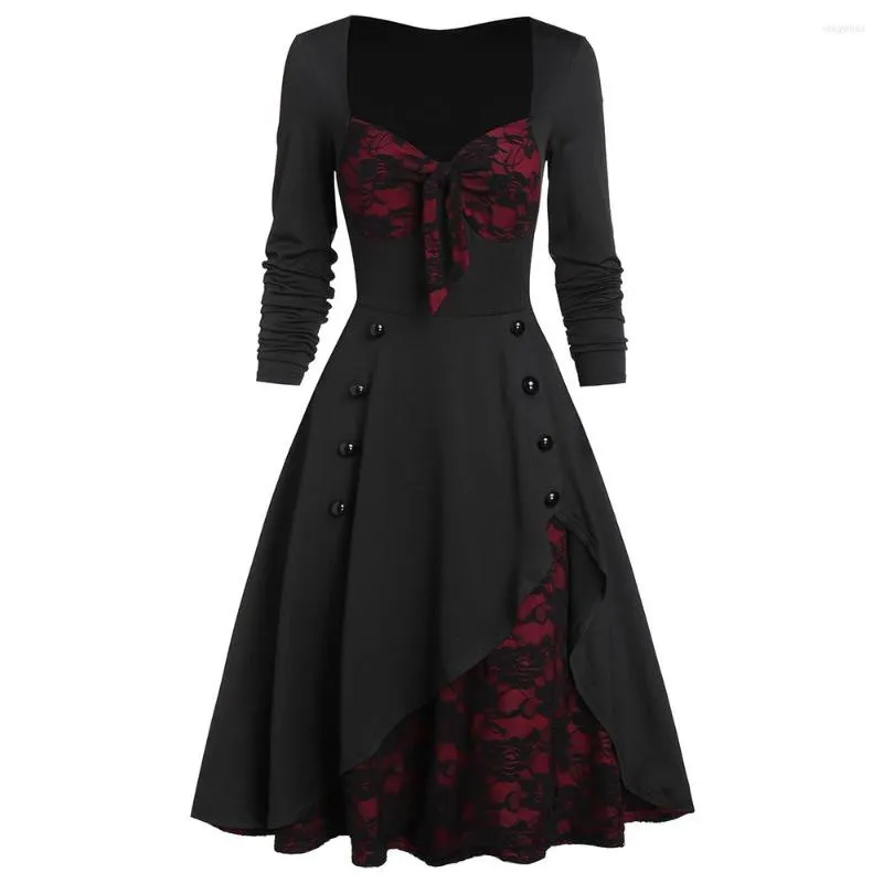 Casual Kleider Gothic Frauen Party Kleid Plus Größe Blume Spitze Einsatz Mock Button Bowknot Vintage Herbst Elegante Maxi Vestidos