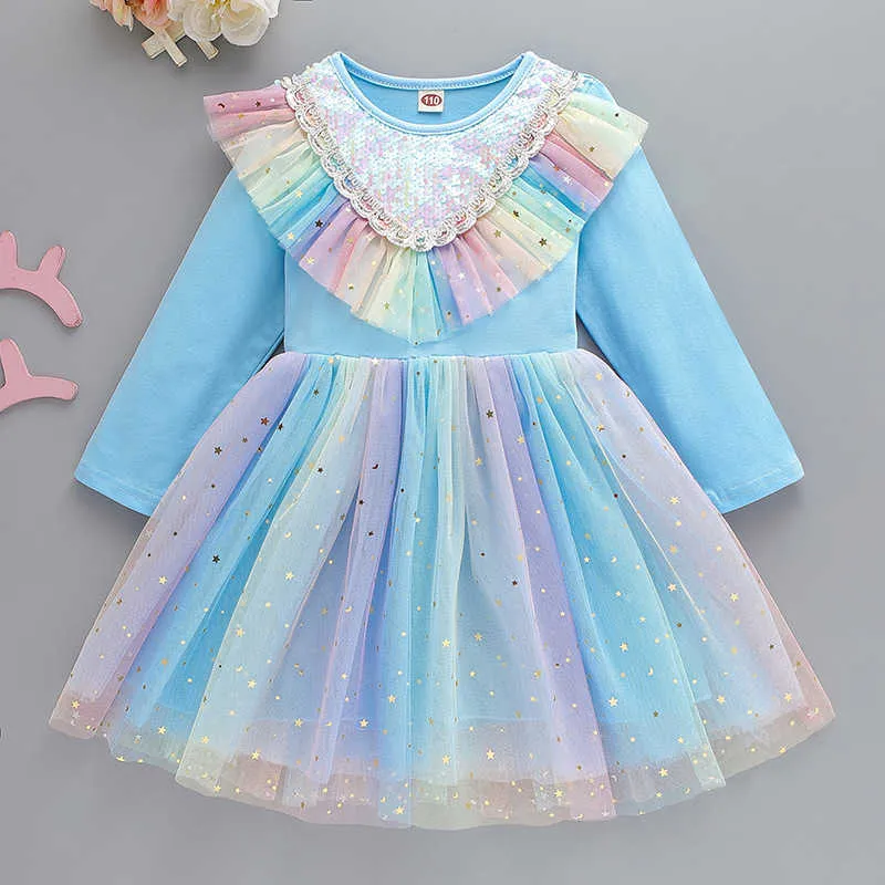 Robes de fille Printemps arc-en-ciel à manches longues enfants robes pour filles robes robe de bal robe en tulle gonflé enfants vêtements avec des étoiles de paillettes d'or