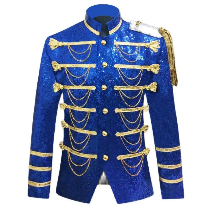 Abiti da uomo Blazer Shiny Paillettes Glitter Catena Abito militare Giacca da smoking Giacca da discoteca Stage Show Cosplay Masculino 230222