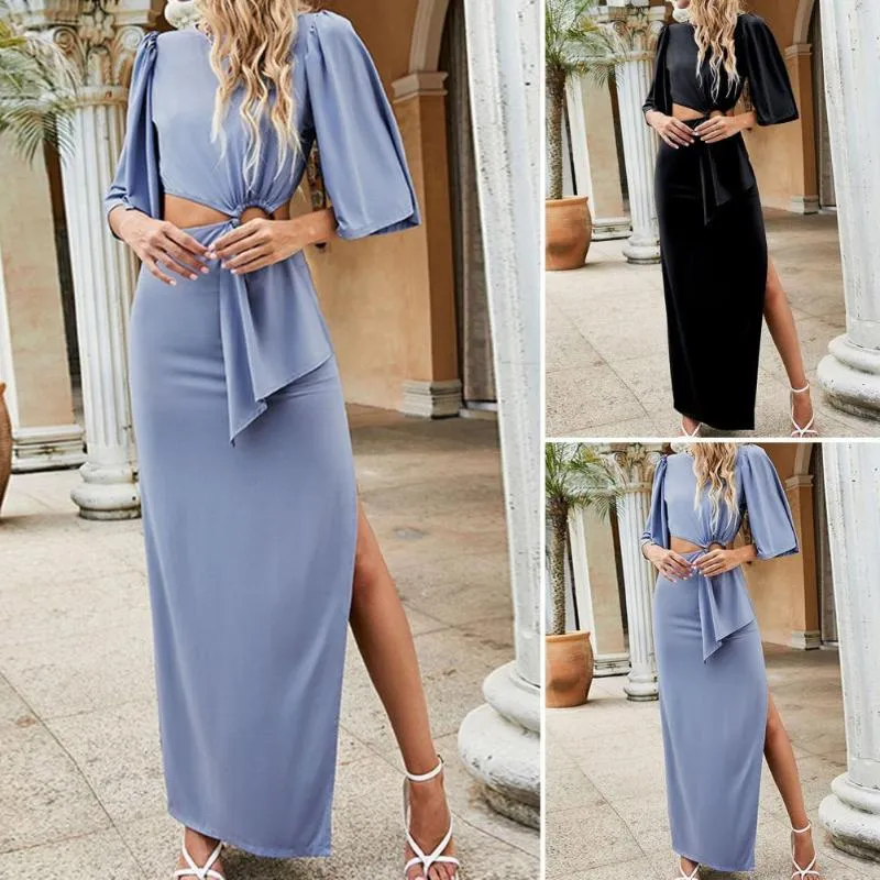 Casual Dresses O-neck Cloak Half Sleeves Round Ring Connection Irregular Draped Dress Sexy Waist Hollow Split Hem Gown Long Streetwear