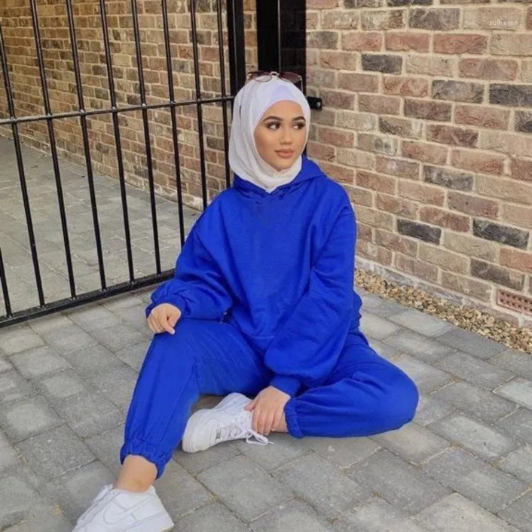 Etniska kläder muslim sätter kvinnor faller vinter tracksuit två bitar fleece hooded hoodie dubai islamiska byxor musulman ensembler