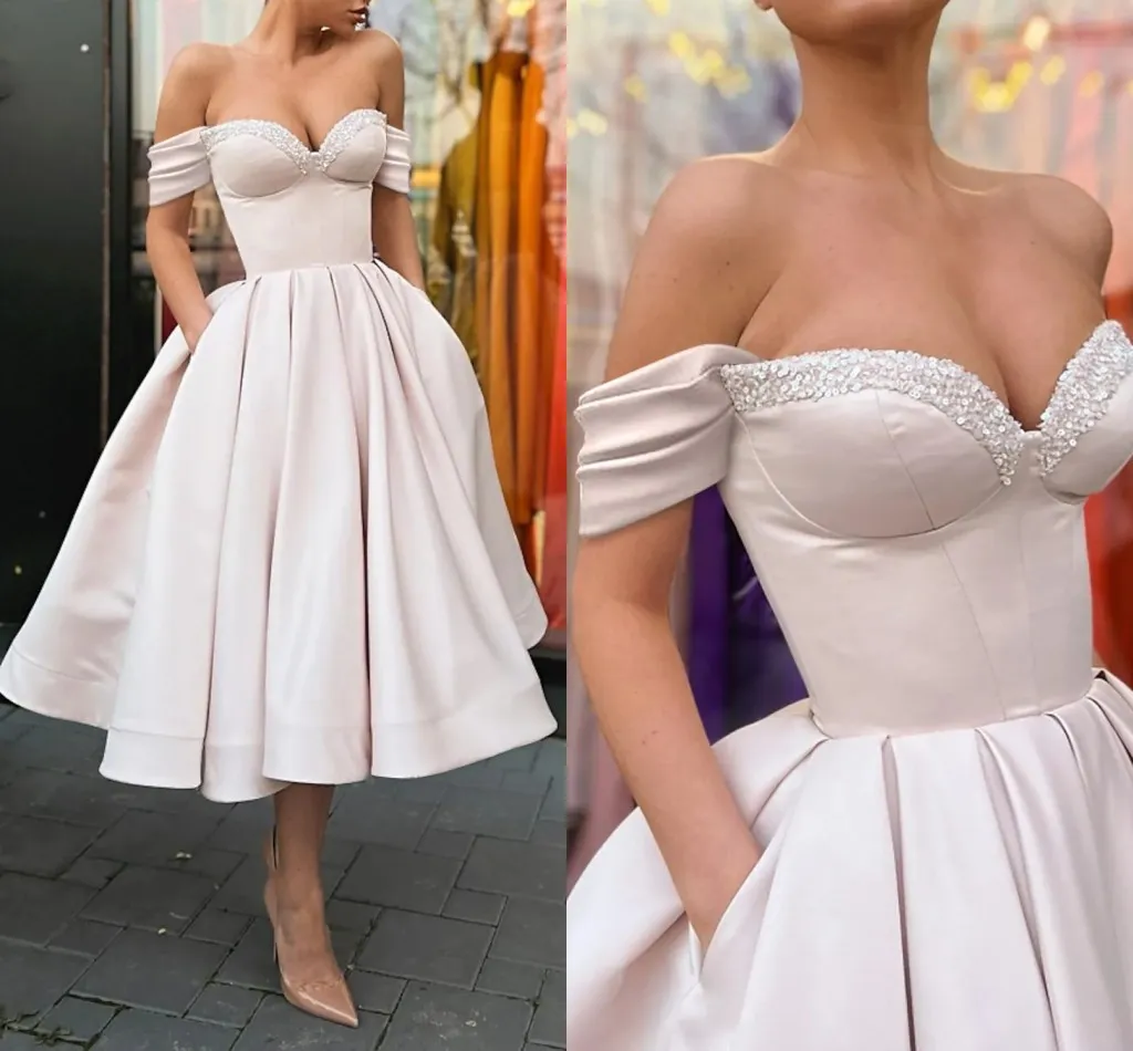 A-Linie, kurzes Abschlussball-Partykleid, Tee-Länge, kurze Ärmel, schulterfrei, Perlen, Tasche, Satin, formelle Kleider, Abschlussfeier, Cocktail-Kleidung, Vestidos De Feast