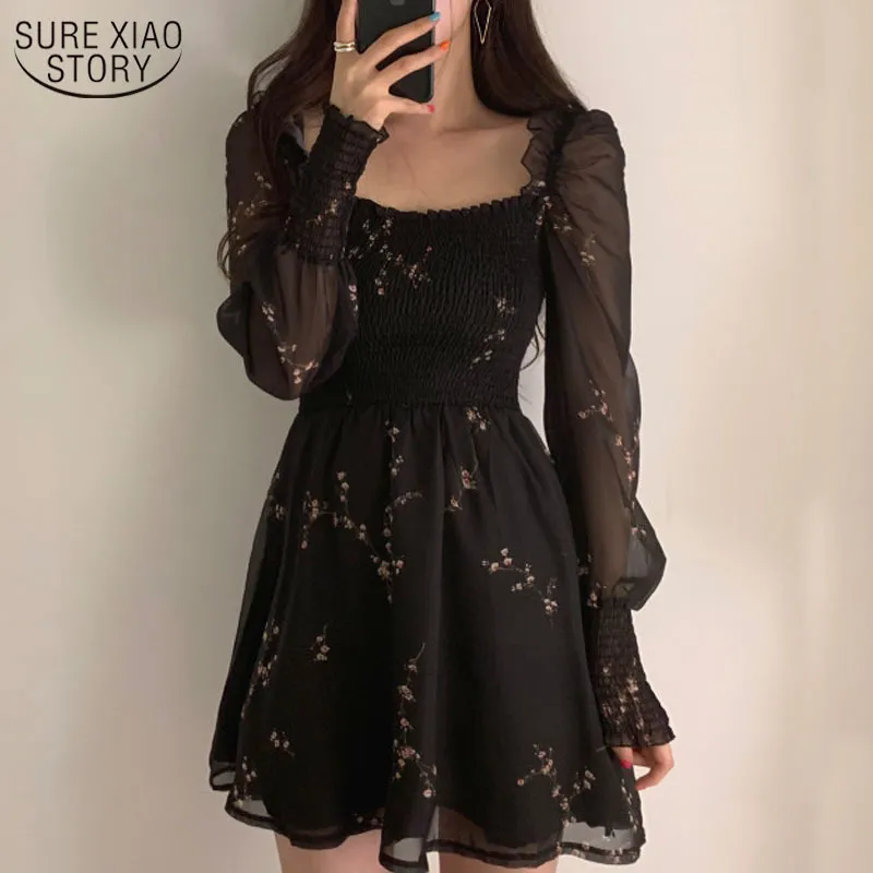 Sıradan elbiseler bahar kadın seksi siyah elbise vintage çiçek uzun puflu kol şifon Kore mini vestidos mujer kıyafetleri 13676 230223