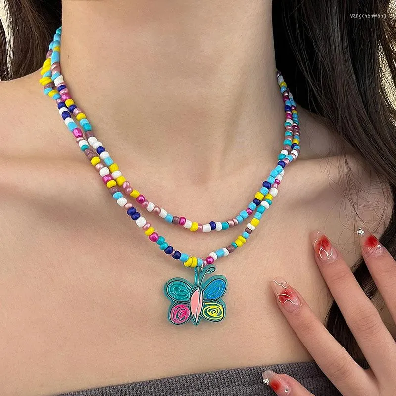 Girocollo 2023 perle di vetro di Boemia collana a farfalla con strato acrilico per donna moda collane di fiori colorati gioielli da regalo