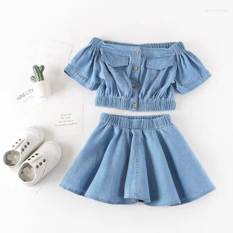 Kledingsets 2 stks mode mode baby girl's off schouderset casual denim all-match korte mouwt tops rok outfits pak