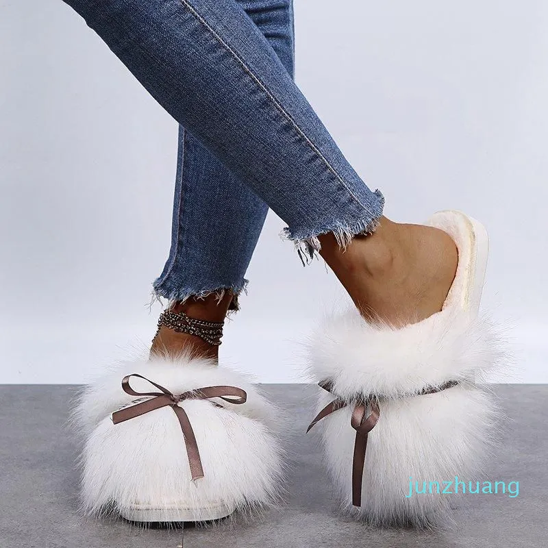 Pantoufles Pantoufles femmes 2023 hiver fourrure femme noeud papillon en peluche chaud maison appartements dames 12 coton chaussures femme doux chaussures grande taille J230815