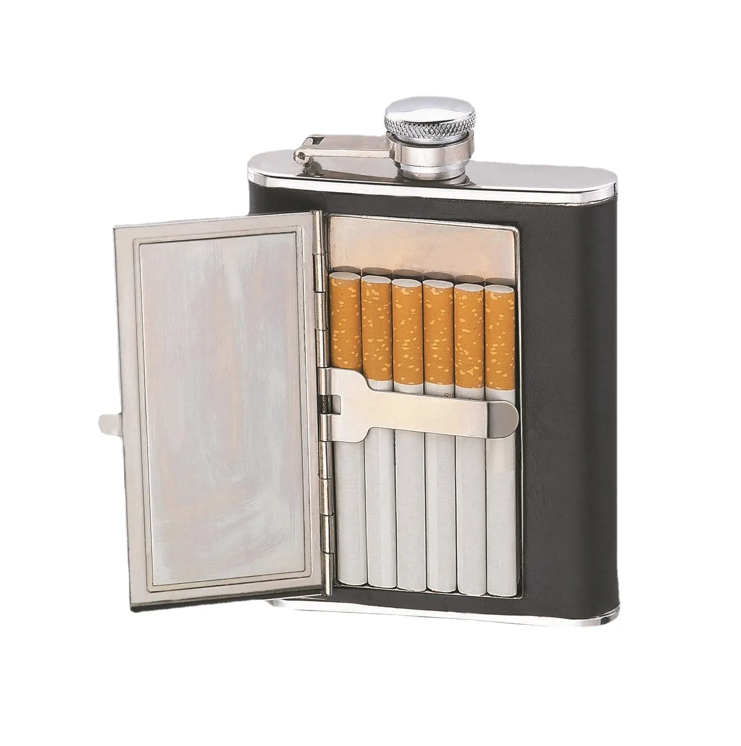 De gros! 2 en 1 en acier inoxydable Hip Flask 6 oz Bouteille et étui à cigarettes noir pot à vin emballage incrusté étui à cigarettes A0076