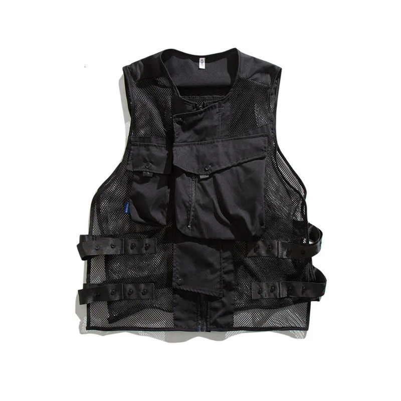 Men's Vests Black White Mesh Cargo Vest Mens Outdoor Hip Hop Multipockets Street Casual Sleeveless Jacket Waistcoat For Man 230223