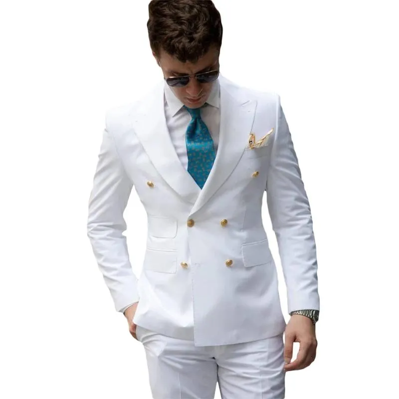 남자 양복 블레이저 화이트 남성 커스텀 웨딩 피크 라펠 더블 가슴 블레이저 턱시도 잘 생긴 신랑 재킷 2 조각 세트 맨스