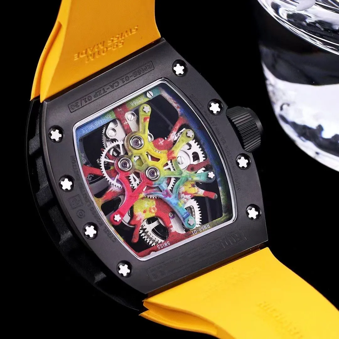 Tourbillon Series Bekijk RM68-01 kleurrijke graffiti met volledig automatische mechanische beweging Saffier anti-scatch glazen spiegel keramische kast waterdicht