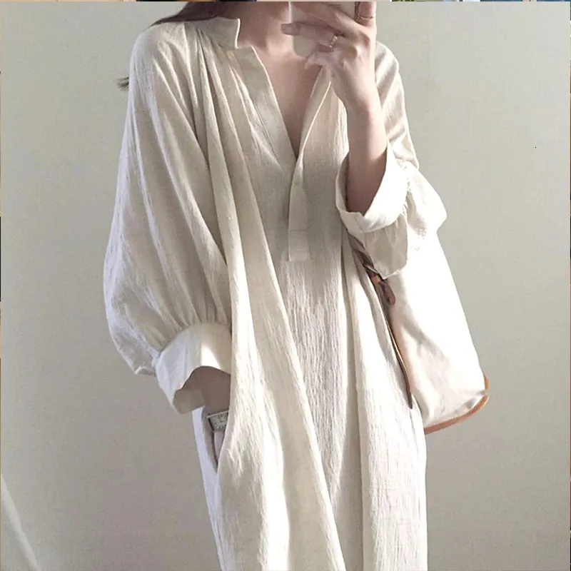 Casual Dresses Chic Cotton Linen Woman Dress Vintage Vneck Autumn Spring Beach Holiday Maxi Vestido Feminino 122712WLA 230223