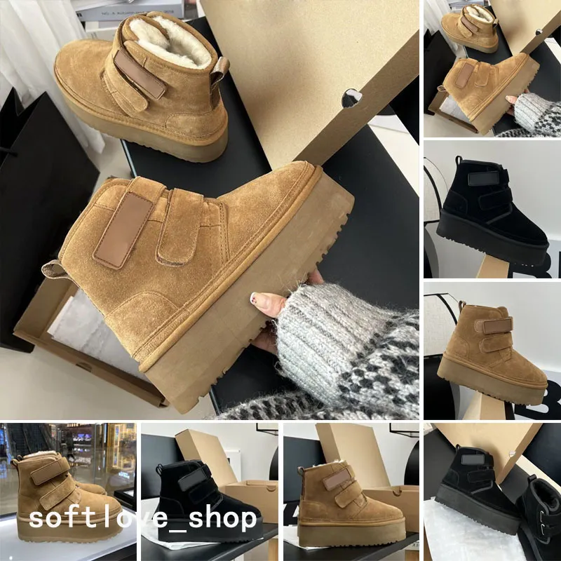 Scarpe con stivaletti con plateau firmati Australia stivali da neve alti da donna con fiocco U Stivali morbidi e comodi in pelle di pecora Tenere al caldo Stivale in peluche con sacchetto per la polvere di carta Bello per i regali