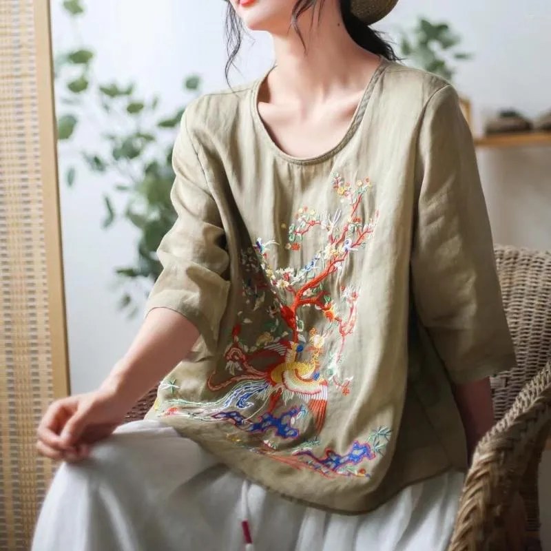 Ethnic Clothing 2023 Chinese Style Top Women Traditional Tang Suit Round Neck Vintage T-shirt Exquisite Embroidered Hanfu Blouse Pd