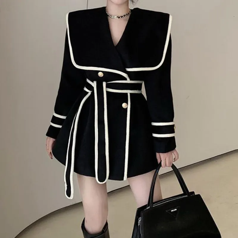 Женские куртки осень и зима 2023 Корейская модная военно -морской воротник Утолщенный шерстяной шерстяной плащ