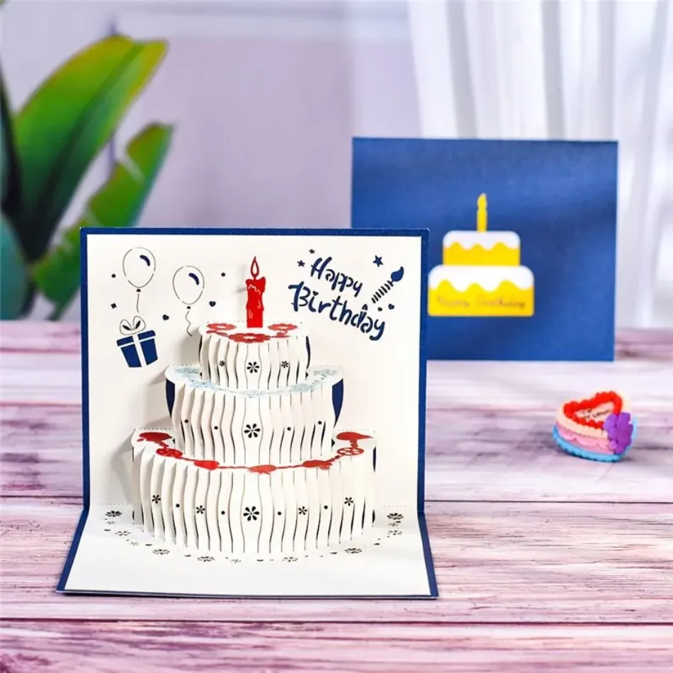3 Biglietti Di Auguri Pop-Up 3D A Forma Di Torta Di Compleanno | Con Buste E Adesivi, Fatti A Mano, Laser Cut, 13x15.5cm E 15x15cm - 6