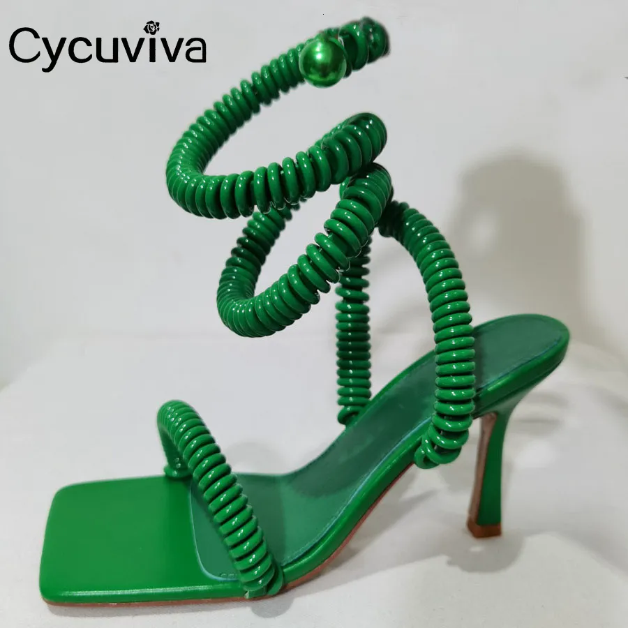 Sandali Cinturino alla caviglia verde Marca Donna Sexy Square Open Toe Gladiatore Tacchi alti Scarpe da festa Sandali estivi Mujer 230223