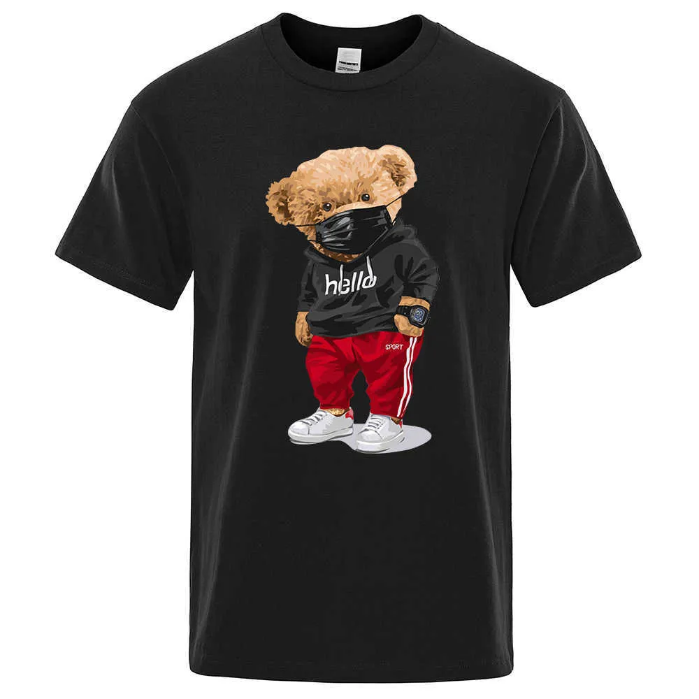 Herren-T-Shirts, 100 % Baumwolle, Sportmaske, Bärendruck, kurzärmeliges T-Shirt, männlich, halbärmelig, Sommer, lässig, übergroßes T-Shirt, Herren-Shirt, S-XXXL, 022223H